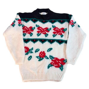 Vintage 1980’s TJW Floral Rose Hand Knit Yarn Mock Neck Sweater Size Medium